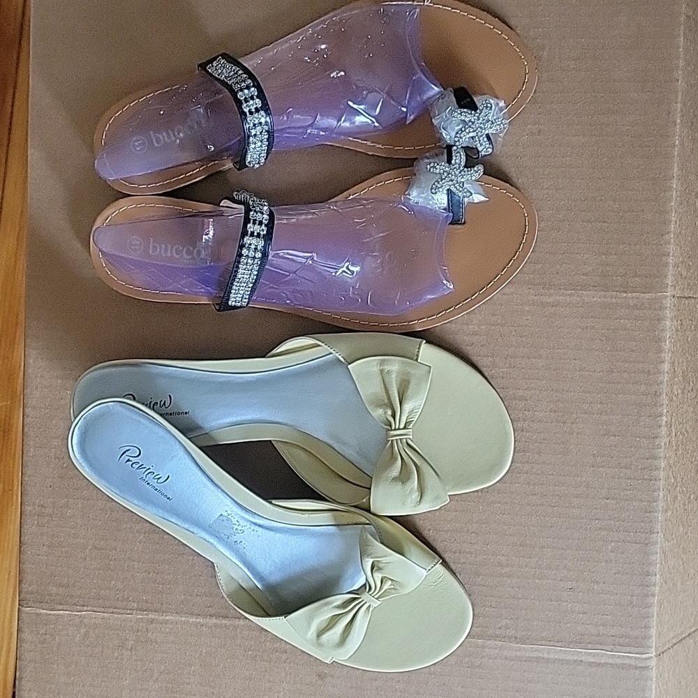 Slip on sandals by  Preview International and Sandals in Blk pat.